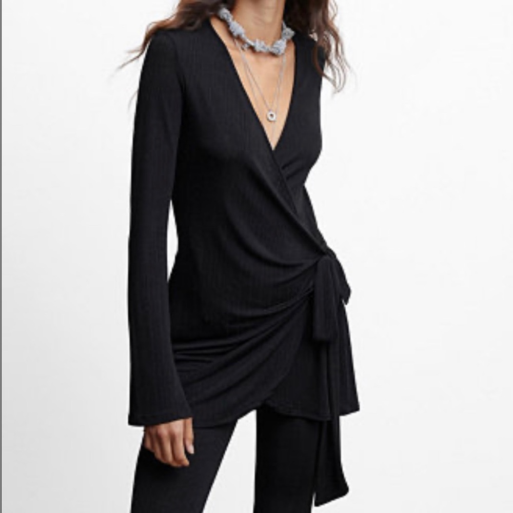 Mango Black Ribbed V-Neck Top